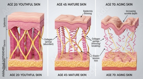 Human skin cross section diagram demonstrating aging timeline at ages 20, 45, 70, showing collagen density decline, elastin tension loss, thinning epidermis with deepening wrinkles.