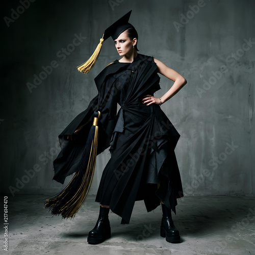 Avant garde Fashion Graduation Outfit Model in Black Dramatic Dress and Cap