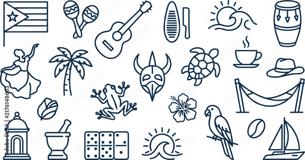 Obraz premium Puerto Rico Culture and Travel Line Icon Set Featuring Flag Coqui Frog Vejigante Mask and Dominoes for Caribbean Tourism Designs