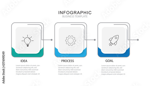 Horizontal chart with 3 rectangular elements and arrows. milestones of company's development history. Simple infographic design template. Flat vector illustration for presentation, report.