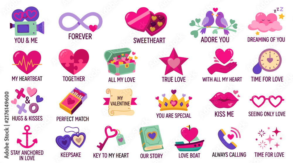 Obraz premium Collection of romantic custom sticker pack icons with love themes and quotes on white background