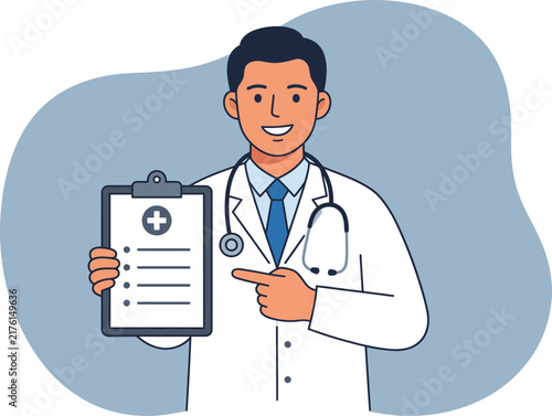 Friendly male doctor holding a medical clipboard with health records