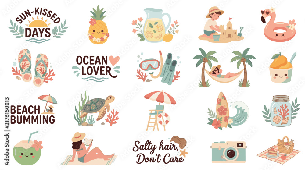 Obraz premium Cute summer beach sticker collection with tropical icons, sea life, and holiday activities.