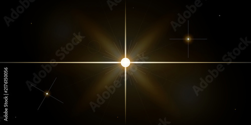 Fotografie Radiant golden starburst flare effect with sparkling cosmic light beams on trans