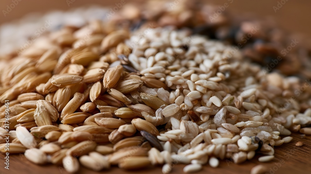 Obraz premium A close up view of assorted whole grains including wheat rice and barley on a wooden surface with shallow depth of field