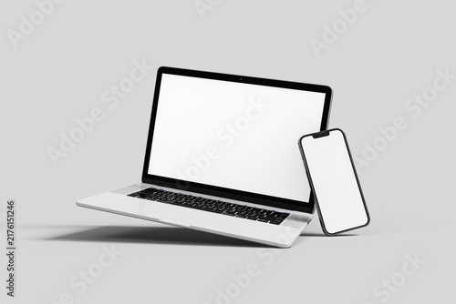 Floating mobile phone and open notebook computer display template, 3D render.