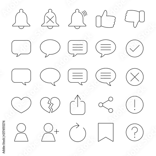 Line icon set for social media, notification and messaging app interface