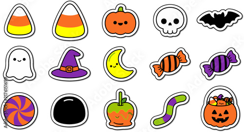 Set of cute kawaii style halloween stickers featuring pumpkins ghosts candy corn and spooky holiday themed icons