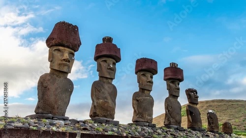 Moai Statues at Ahu Nau Nau on Sandy Anakena Beach with Grassy Hill on Easter Island, Valparaiso, Chile. Time Lapse Video