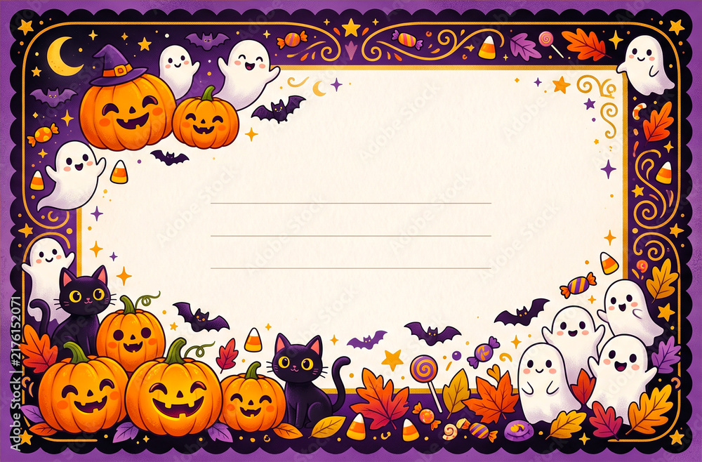 Naklejka premium Festive Halloween greeting frame with pumpkins, ghosts, bats, spiderwebs, and decorative ornaments