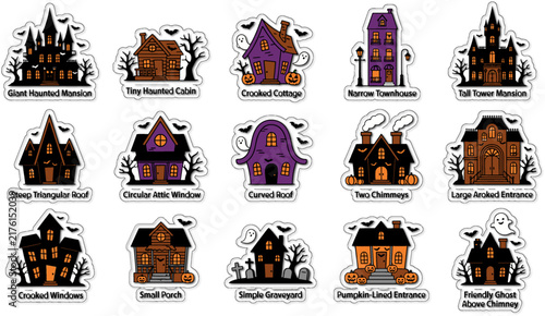 Colorful watercolor collection of spooky haunted houses for halloween or gothic themes