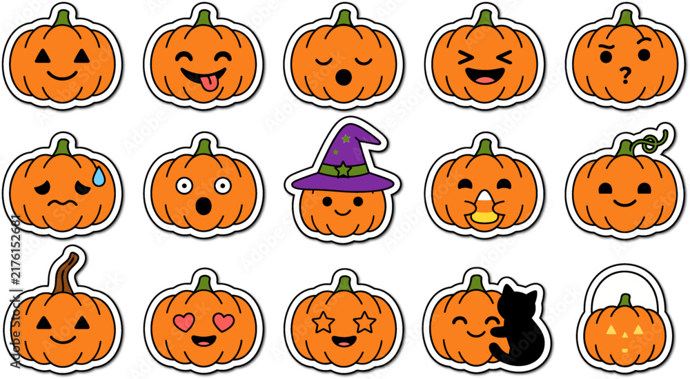 Obraz premium Halloween Pumpkin Sticker Set - Cute Jack O Lantern Faces With Witch Hat Clipart