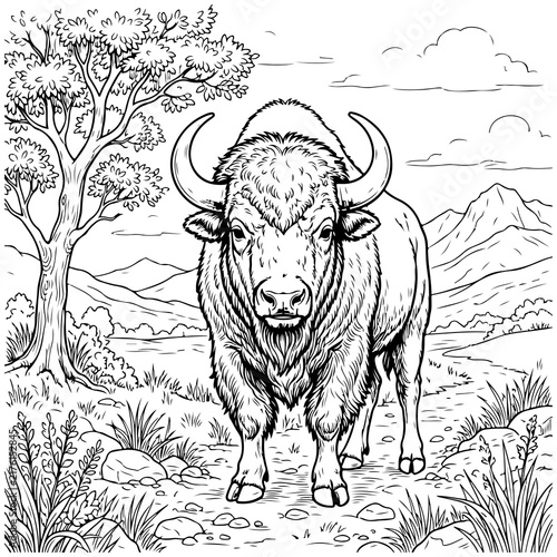 Buffalo standing in natural setting vector illustration
