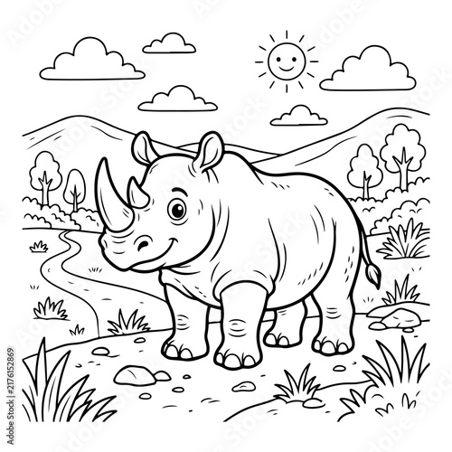 Cartoon rhinoceros coloring page vector illustration