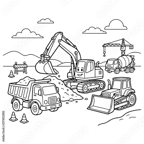 Construction vehicles coloring page vector illustration