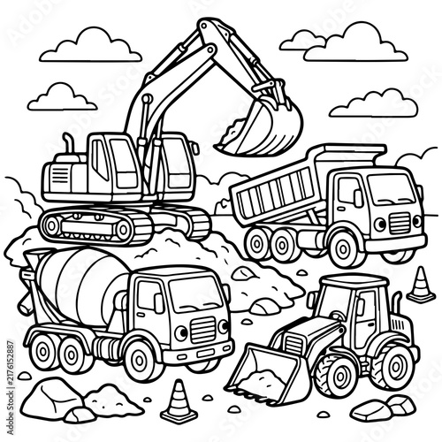 Construction vehicles coloring page vector illustration