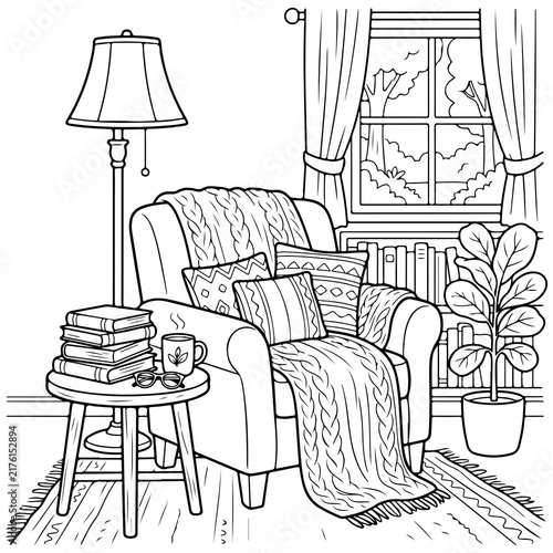 Cozy Reading Nook Coloring Page vector illustration