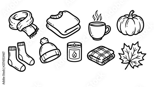 Autumn cozy hand drawn doodle set featuring a vector collection of seasonal items like a scarf, sweater, mug, and pumpkin