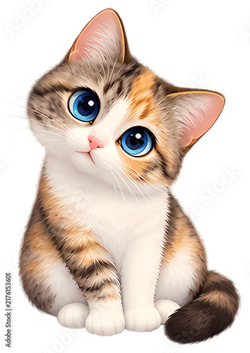 Cute cartoon calico kitten with big blue eyes sitting curious expression sticker