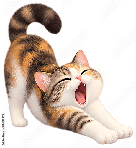 Cute cartoon calico cat stretching yawning with open mouth happy sticker