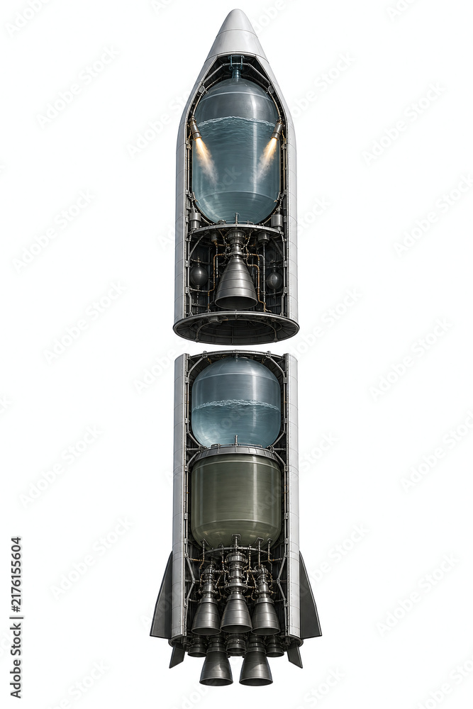 Fototapeta premium Cold staging rocket cutaway with ullage motor ignition