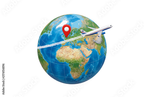 3D globe model with airplane flying overhead and red map pin location marker isolated cut out.