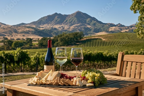 Rustic vineyard picnic with cheese, grapes, and wine against a mountain backdrop
