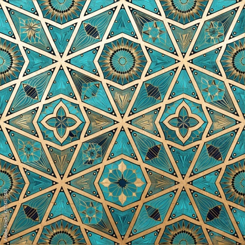 Intricate teal and gold geometric star pattern