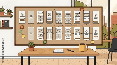 Mobile App User Flow Wireframe Prototype Pinned On Corkboard In Creative Studio Office Workspace