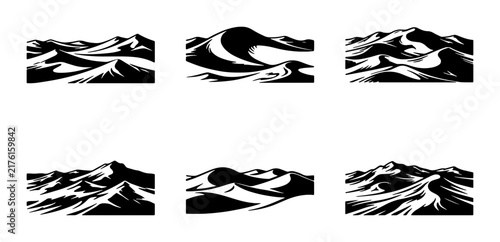 Desert Dunes Vector Set, Sand Landscape Illustrations, Arid Terrain Graphics, Natural Scenery Elements, Black and White Stylized Scenes