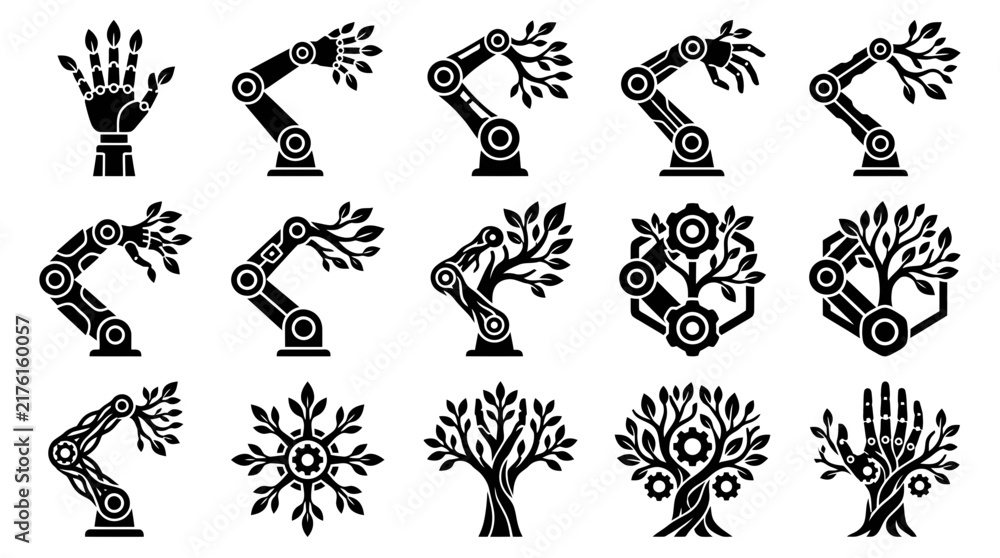 Obraz premium Set of robotic arms and mechanical hands integrated with natural leaves and trees green tech icons