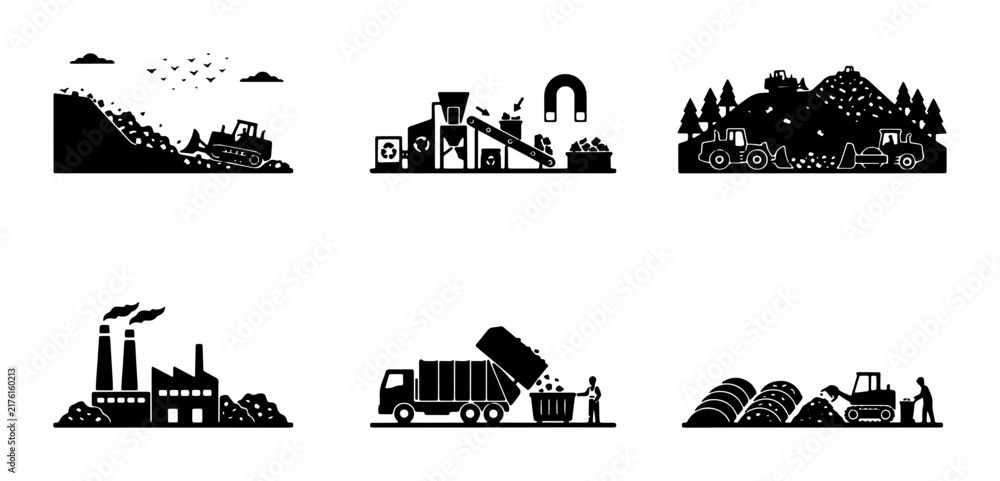Fototapeta premium Industrial Waste Management Icons: Recycling, Landfill, Factory Emissions, and Resource Recovery Vector Set