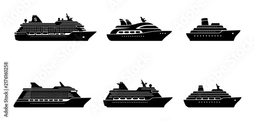 Collection of Six Black Cruise Ship Silhouettes, Modern and Classic Designs, Vector Icons for Travel and Maritime Themes