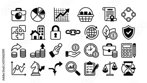 Set of diverse business and finance icons featuring growth charts and professional management tools for digital interface design