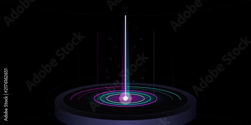 Konstfotografi Neon light beam emitting from circular glowing platform on transparent backgroun