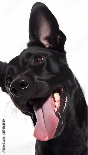 Extreme close-up shot of an excited black Labrador dog with ears perked up, wide sparkling brown eyes, and mouth open panting happily with its pink tongue out. The dog tilts its head playfull