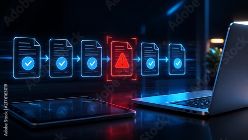 Naklejka Automated Digital Document Processing Workflow With Red Warning Error Alert On Laptop Screen