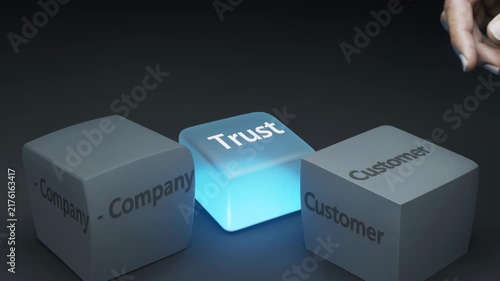 Business concept of trust between company and customer with glowing blue cube and hand reaching out