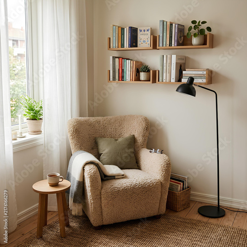 Cozy Reading Nook Armchair Bookshelves Lamp and Warm Atmosphere