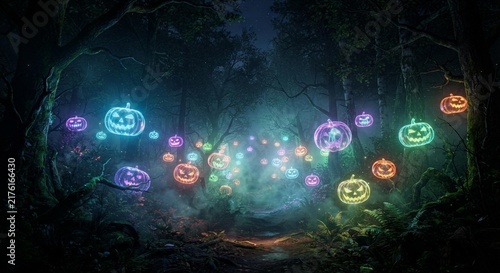 Vibrant neon Halloween pumpkins floating in dark misty woods