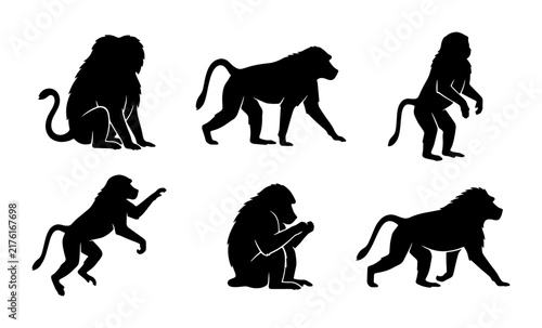 Photography Baboon Silhouettes Collection, Six Primate Poses, Wildlife Animal Vector Graphic