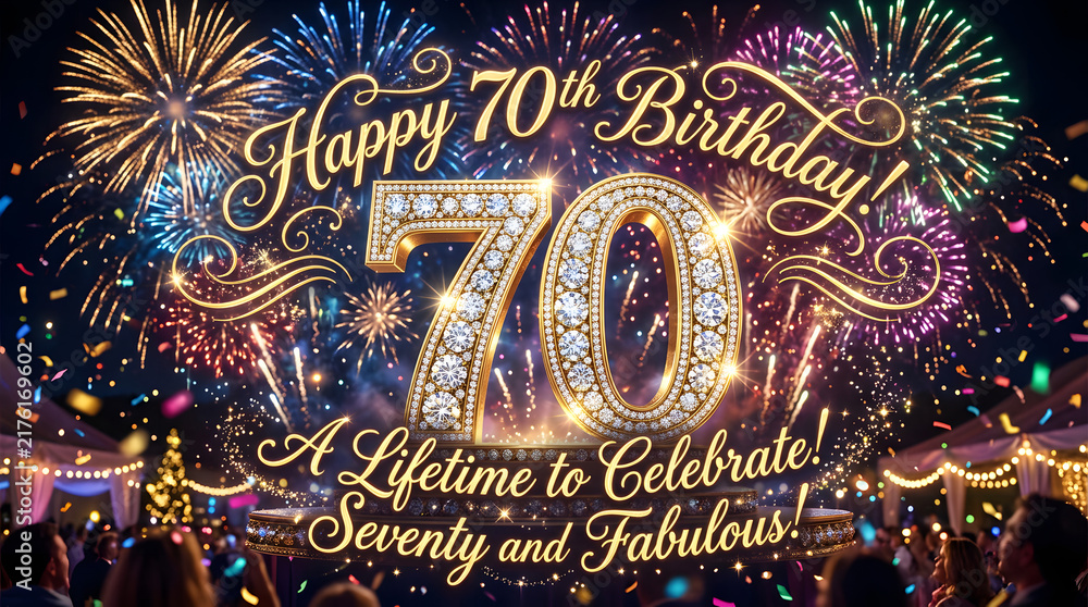 Naklejka premium 70th Birthday Celebration with Fireworks and Elegant Text Overlay