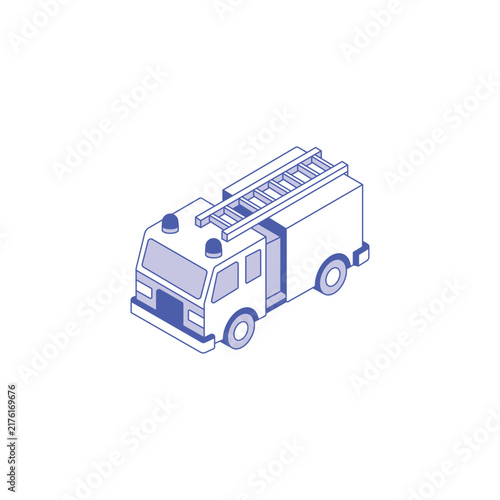 Isometric fire truck vector illustration in blue line art style