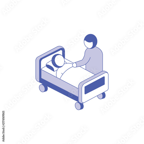 Isometric medical caregiver attending to a patient in a hospital bed