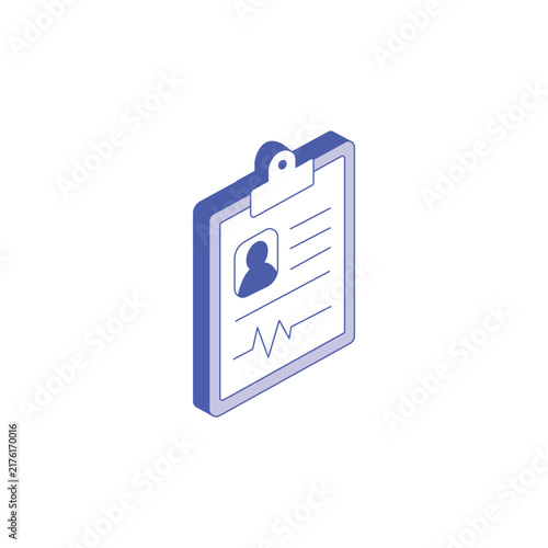 Isometric medical clipboard displaying patient data and heartbeat