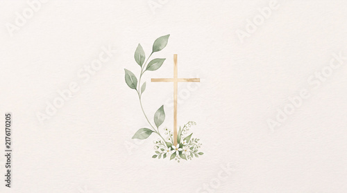 Golden Christian Cross with Olive Branch and White Flowers Watercolor Illustration