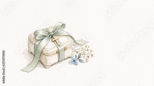Baptism Keepsake Gift Box with Sage Ribbon and Flowers Watercolor Illustration