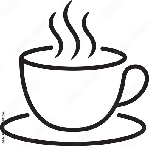 Hot coffee cup icon with steam lines, simple black line art vector illustration.