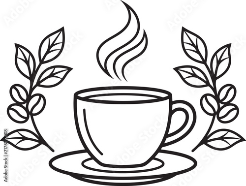 Coffee cup with steam and coffee bean branches line art illustration