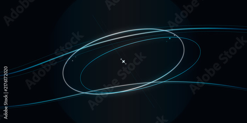 Fotografie Abstract glowing orbital rings rotating around central bright light point on tra